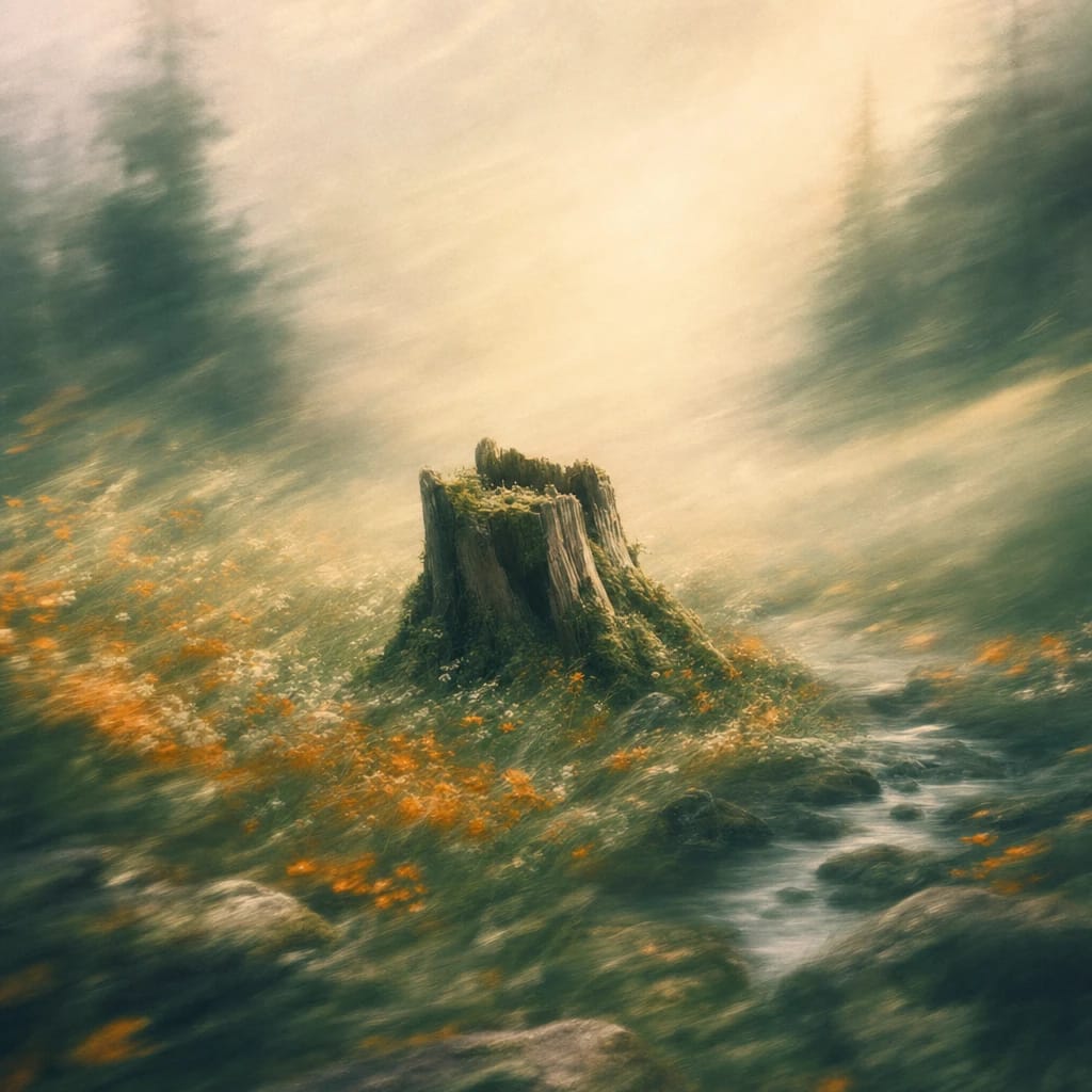 Stylized scene featuring a mossy, weathered tree stump in a foggy forest clearing, rendered in deep forest green, off-white, and warm orange