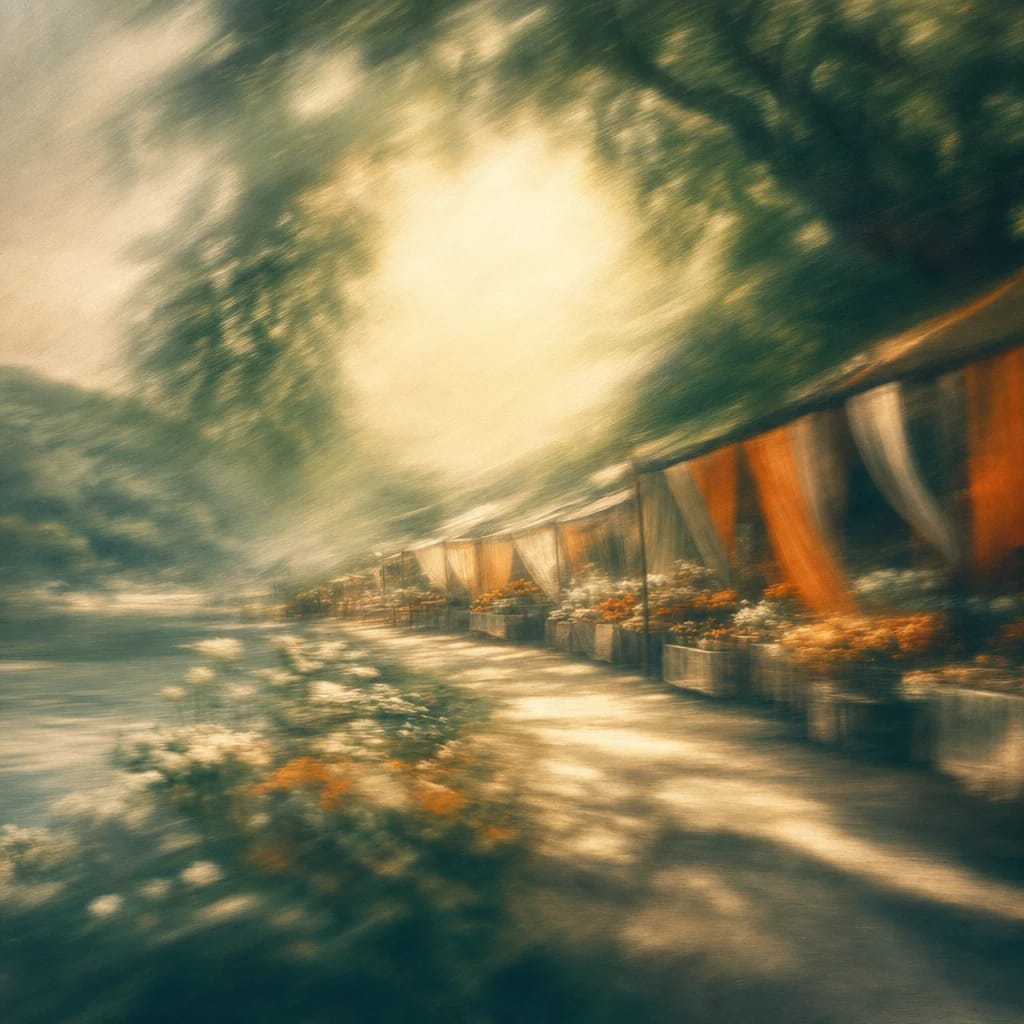 Stylized scene featuring sunlit market stalls beneath leafy trees with vibrant hanging fabrics, rendered in deep forest green, off-white, and warm orange