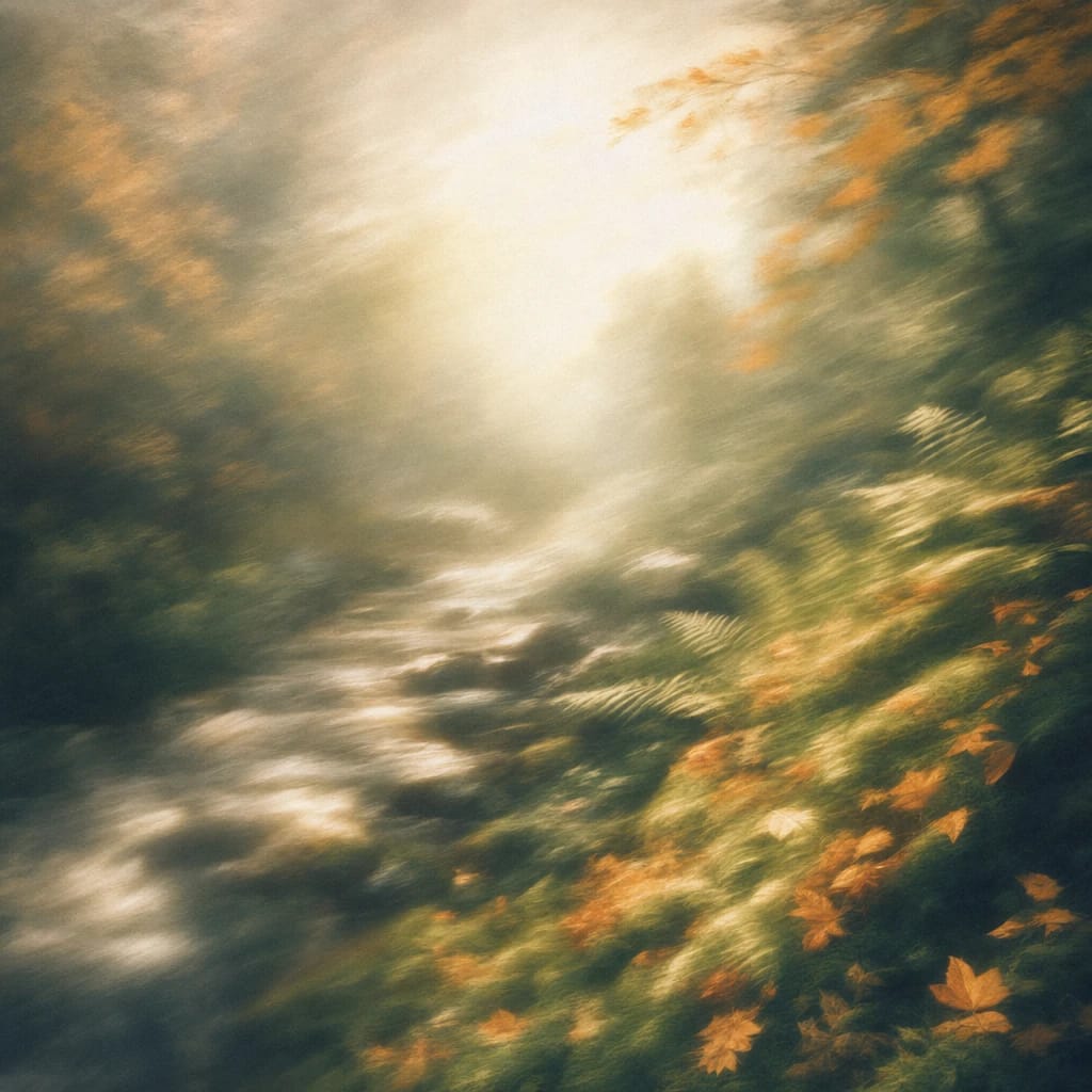 Stylized scene featuring softly lit mossy riverbank with sun-dappled ferns and golden autumn leaves, rendered in deep forest green, off-white, and warm orange