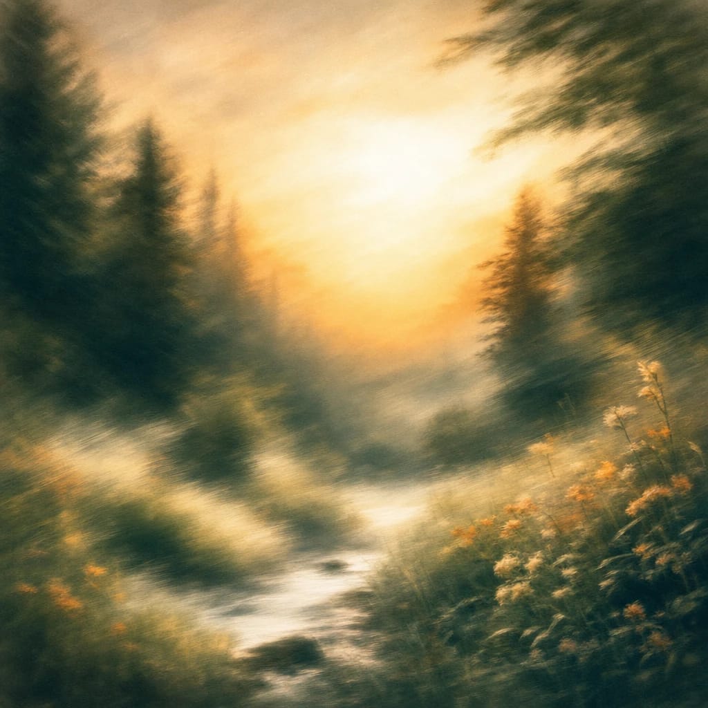 Stylized scene featuring gentle rays of sunrise filtering through misty woodland, rendered in deep forest green, off-white, and warm orange