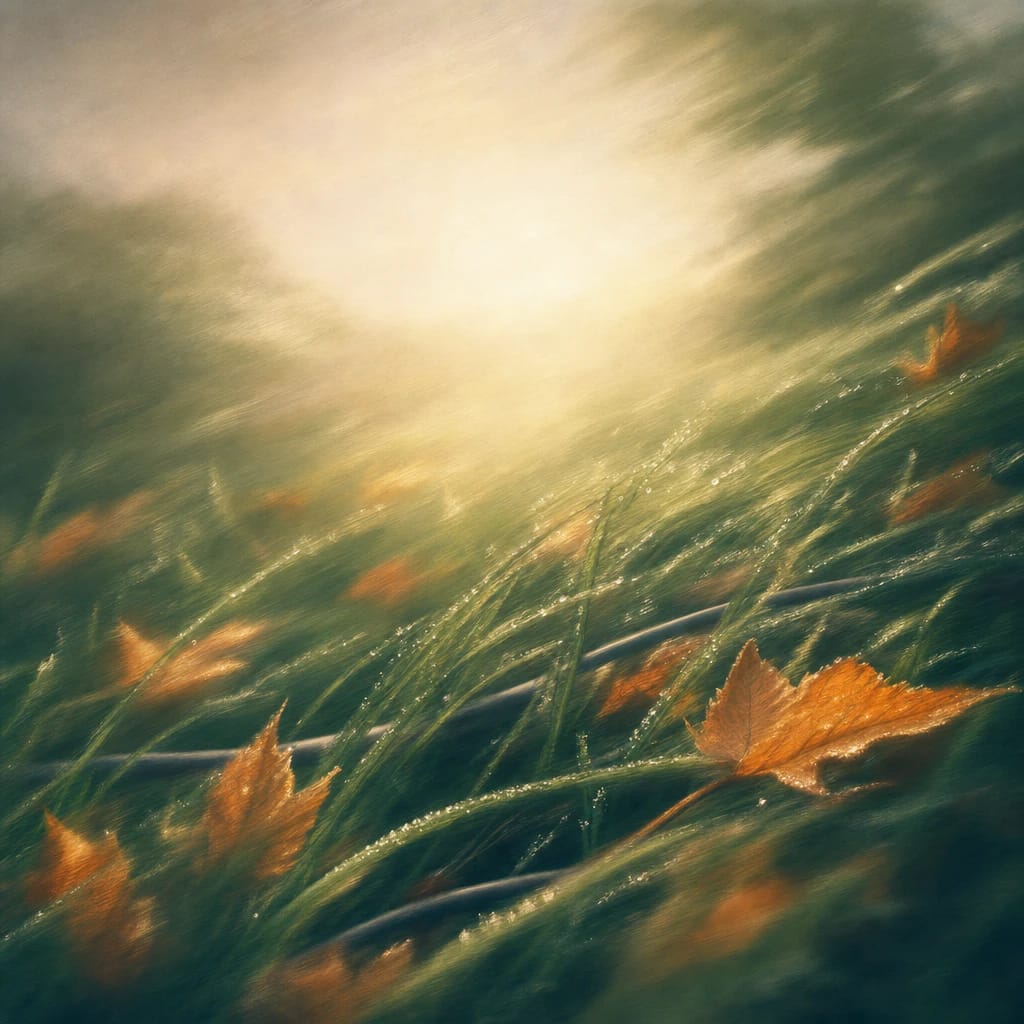 Stylized scene featuring dew-covered grass by morning light, scattered with orange autumn leaves and cables peeking through the blades, rendered in deep forest green, off-white, and warm orange