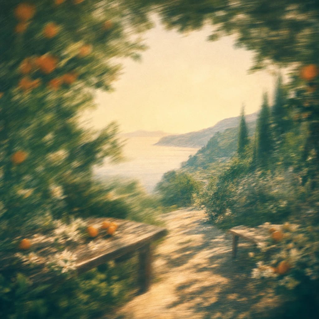 Stylized scene featuring sun-dappled lemon grove with rustic wooden tables, rendered in deep forest green, off-white, and warm orange