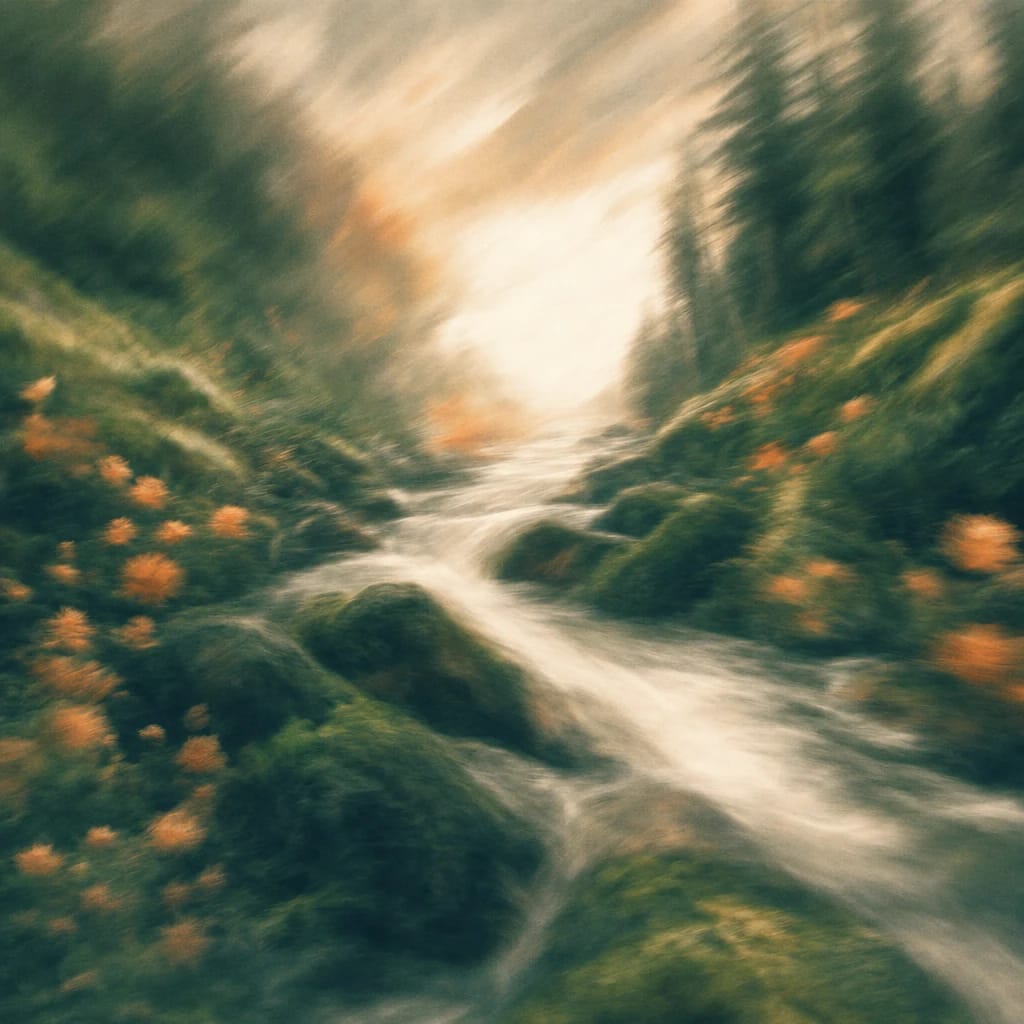 Stylized scene featuring a swift river coursing through mossy boulders in dense forest, rendered in deep forest green, off-white, and warm orange