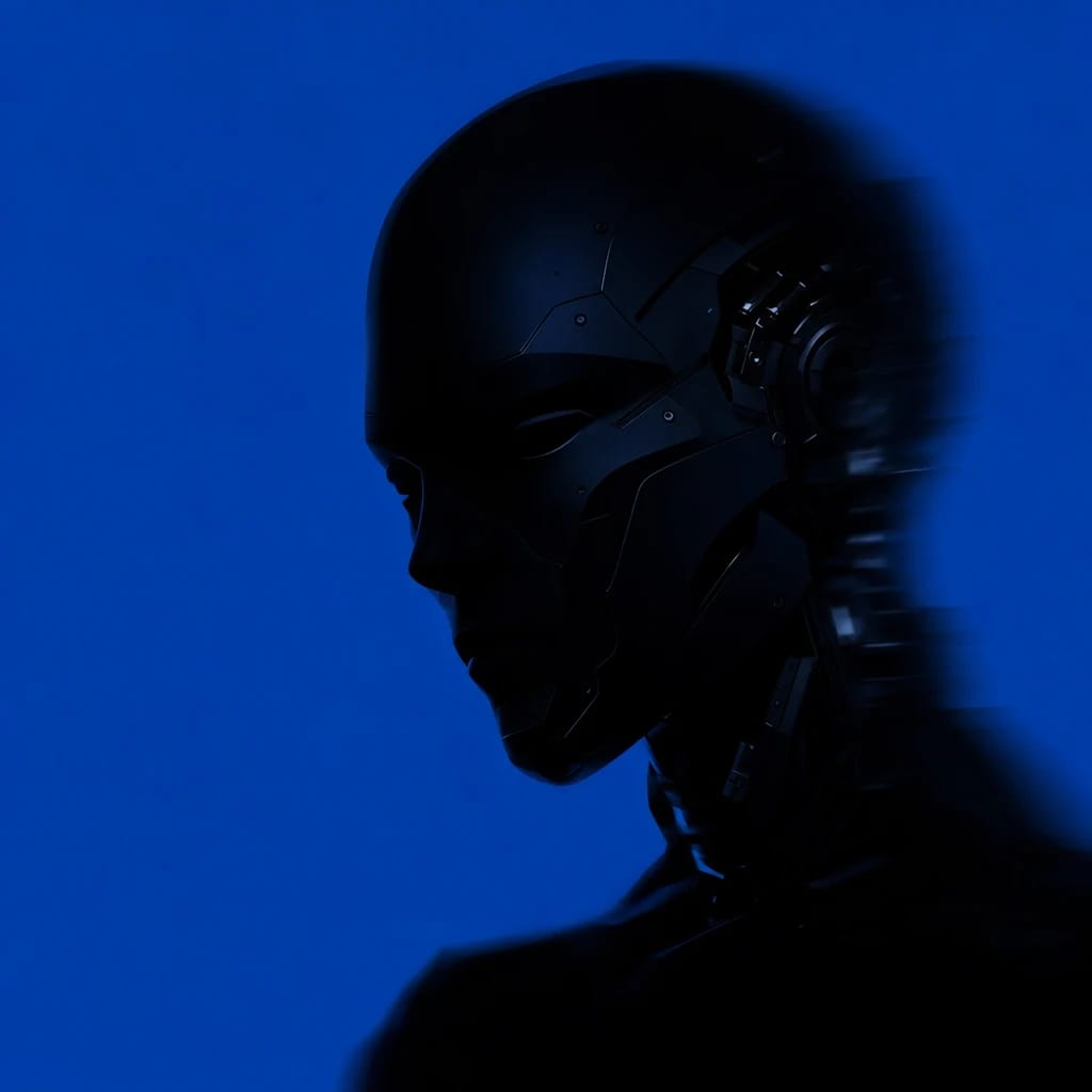 Stylized scene featuring a cyborg face with mechanical details, softly blurred, rendered in #004CB6