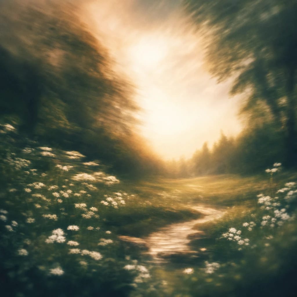 Stylized scene featuring a tranquil forest glade with elegant white wildflowers and dappled warm sunlight, rendered in deep forest green, off-white, and warm orange