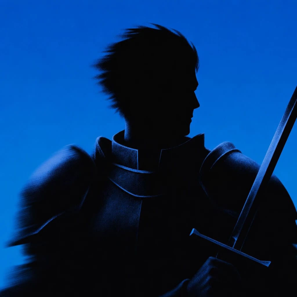 Stylized scene featuring a heroic warrior clad in armor, holding a sword, rendered in #004CB6