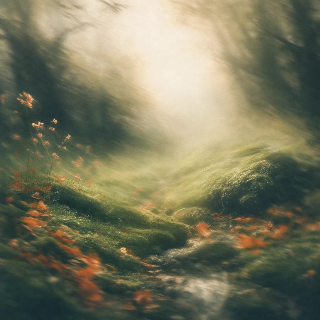 Stylized scene featuring foggy forest clearing with dew-damp moss and fallen orange leaves, rendered in deep forest green, off-white, and warm orange