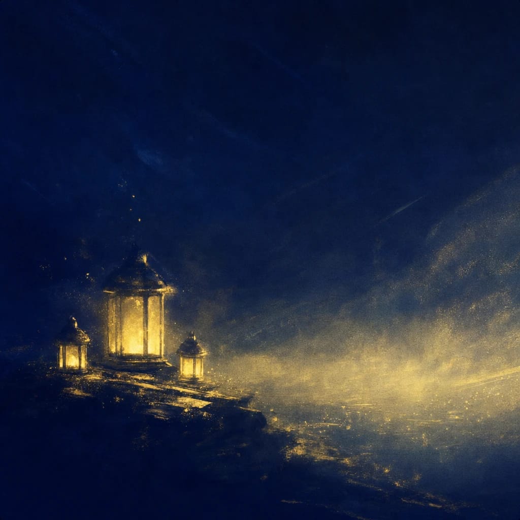 Stylized scene featuring soft glowing lanterns, illuminating a cozy corner, rendered in #F8E079 and #000440
