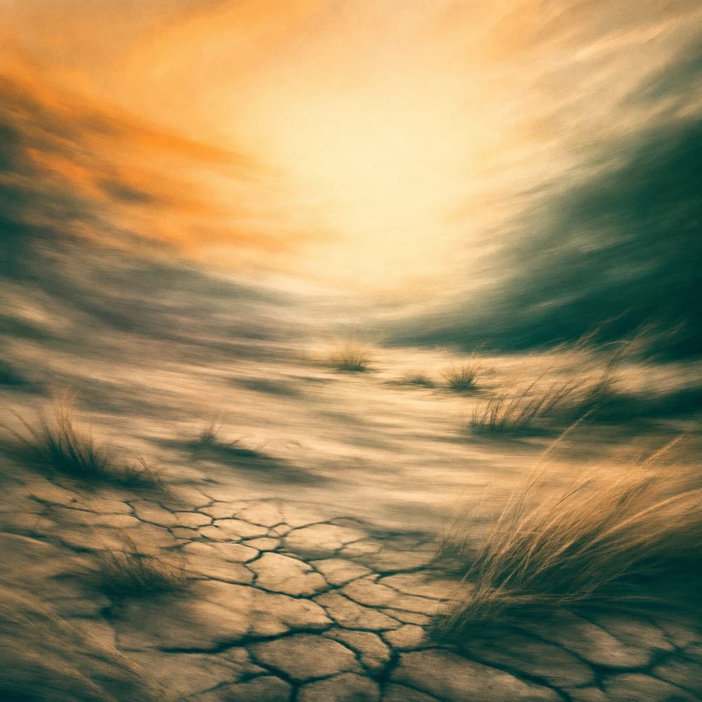 Stylized scene featuring cracked earth with scattered dry grasses under a warm sky, rendered in deep forest green, off-white, and warm orange