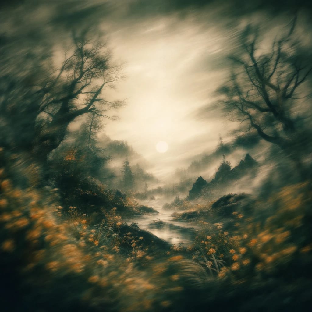 Stylized scene featuring misty moonlit forest with twisted, leafless trees and dense undergrowth, rendered in deep forest green, off-white, and warm orange