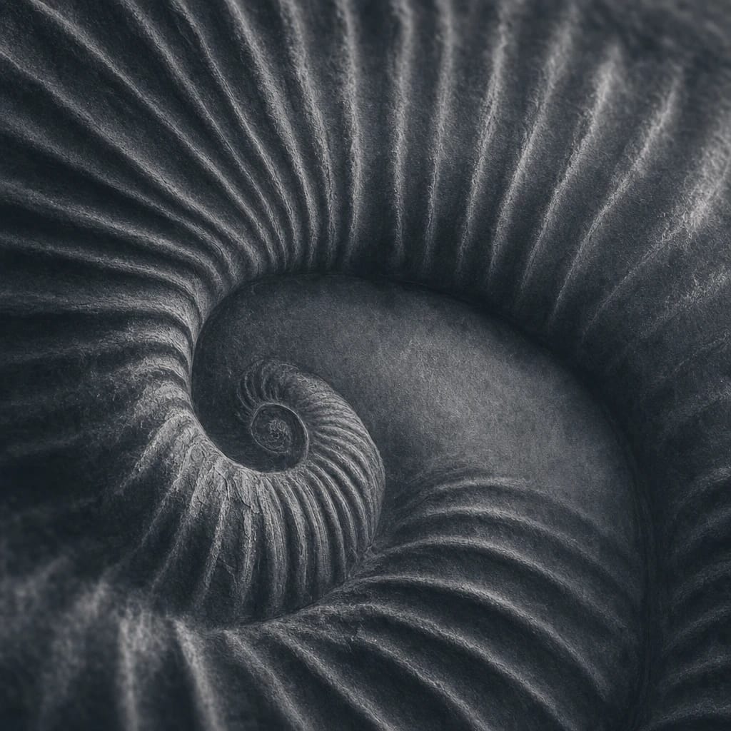 Stylized scene featuring the intricate surface of a fossilized ammonite shell, rendered in charcoal gray #41454A