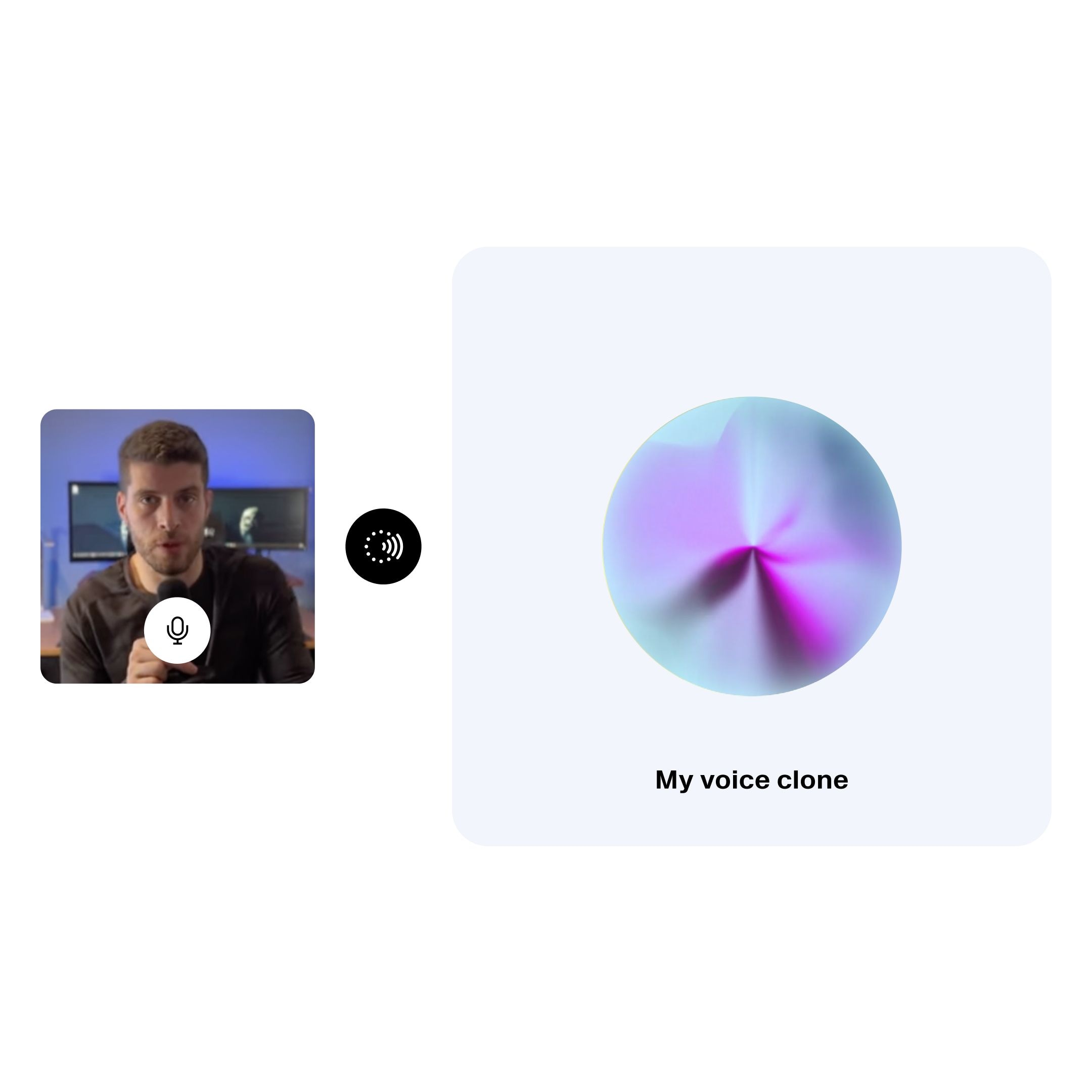 A person speaking into a microphone with a digital voice clone visualization labeled "My voice clone."