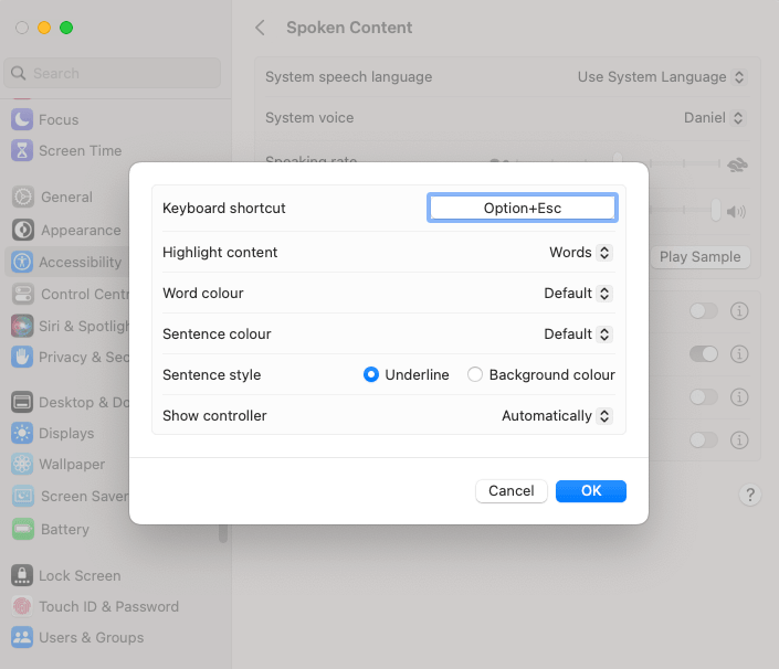 Keyboard shortcut options for accessibility settings on a computer screen.