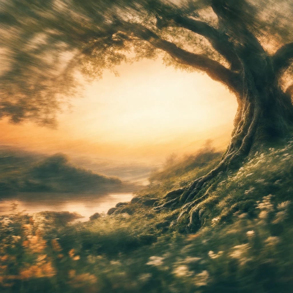 Stylized scene featuring a sturdy oak tree with thick roots spreading into mossy earth beneath a warm early morning sky, rendered in deep forest green, off-white, and warm orange
