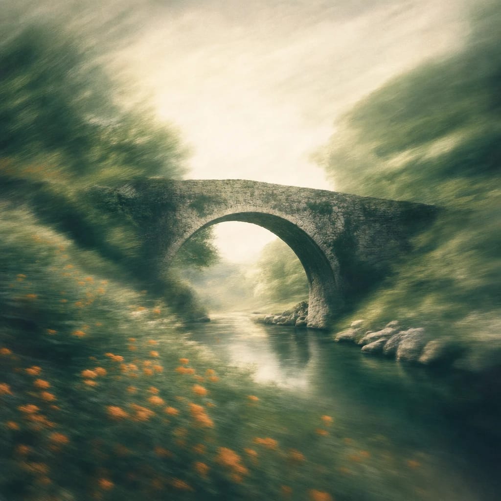 Stylized scene featuring an old stone bridge spanning a lush, green riverbank with scattered orange wildflowers, rendered in deep forest green, off-white, and warm orange